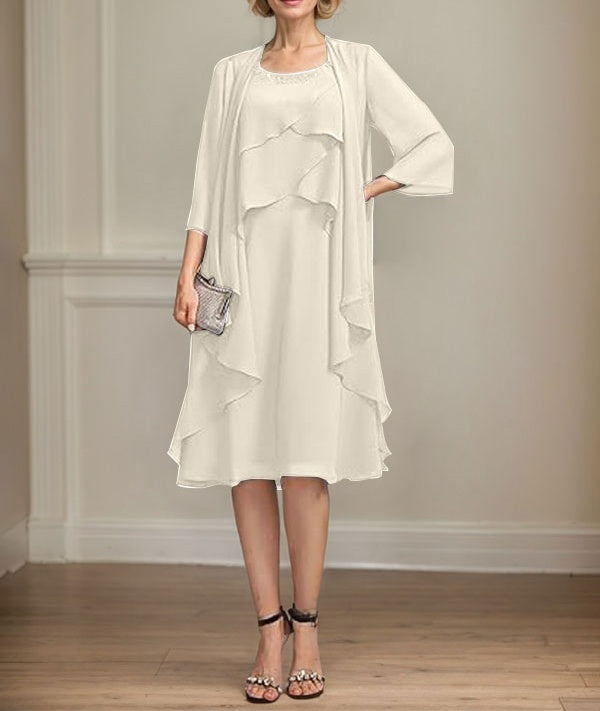 A-line Scoop Knee-Length Chiffon Mother of the Bride Dress With Beading