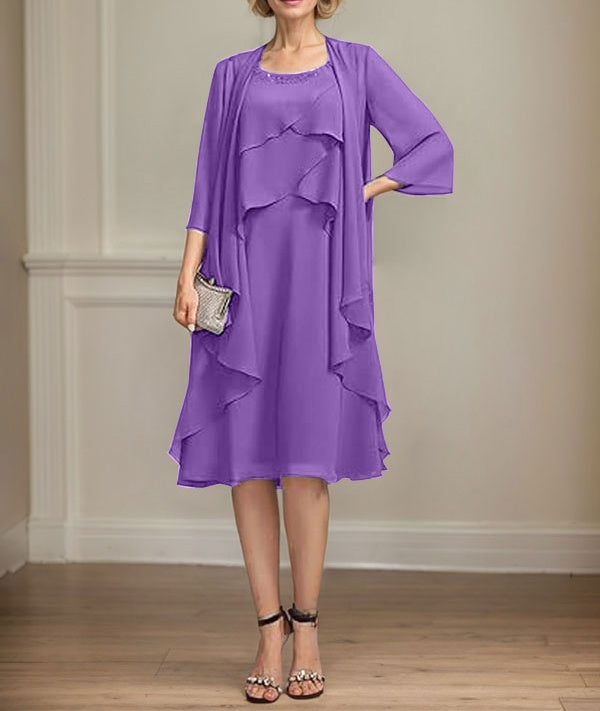 A-line Scoop Knee-Length Chiffon Mother of the Bride Dress With Beading