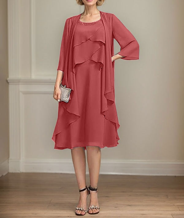 A-line Scoop Knee-Length Chiffon Mother of the Bride Dress With Beading