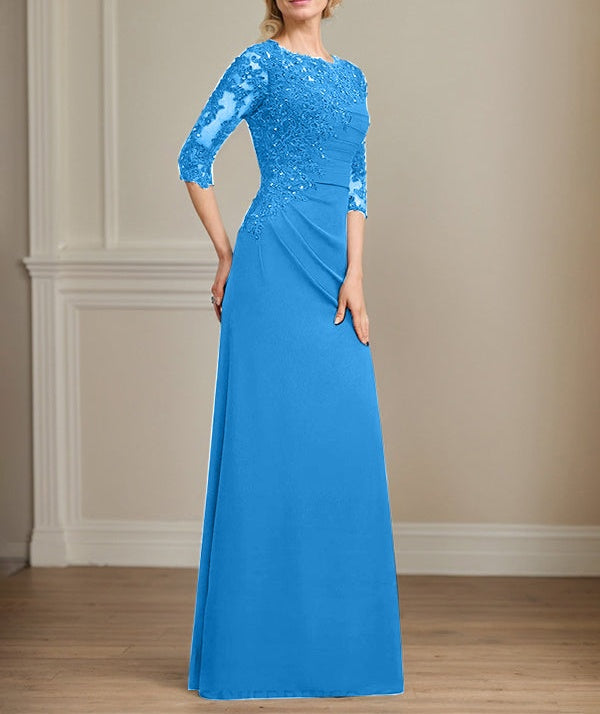 A-line Scoop Floor-Length Chiffon Lace Mother of the Bride Dress With Beading Pleated Sequins