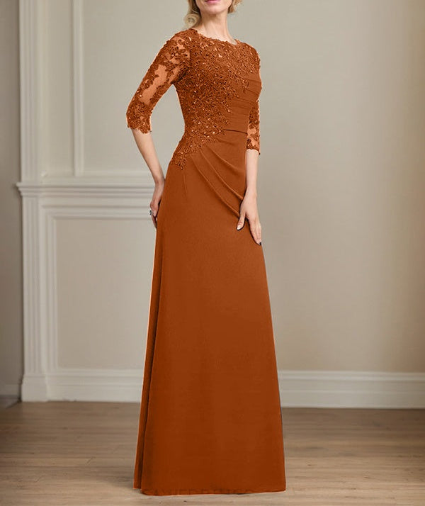 A-line Scoop Floor-Length Chiffon Lace Mother of the Bride Dress With Beading Pleated Sequins