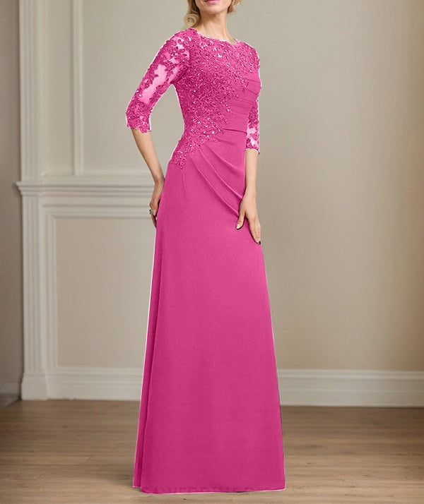 A-line Scoop Floor-Length Chiffon Lace Mother of the Bride Dress With Beading Pleated Sequins
