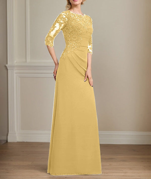 A-line Scoop Floor-Length Chiffon Lace Mother of the Bride Dress With Beading Pleated Sequins