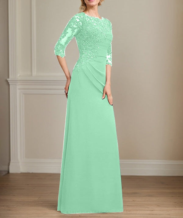 A-line Scoop Floor-Length Chiffon Lace Mother of the Bride Dress With Beading Pleated Sequins