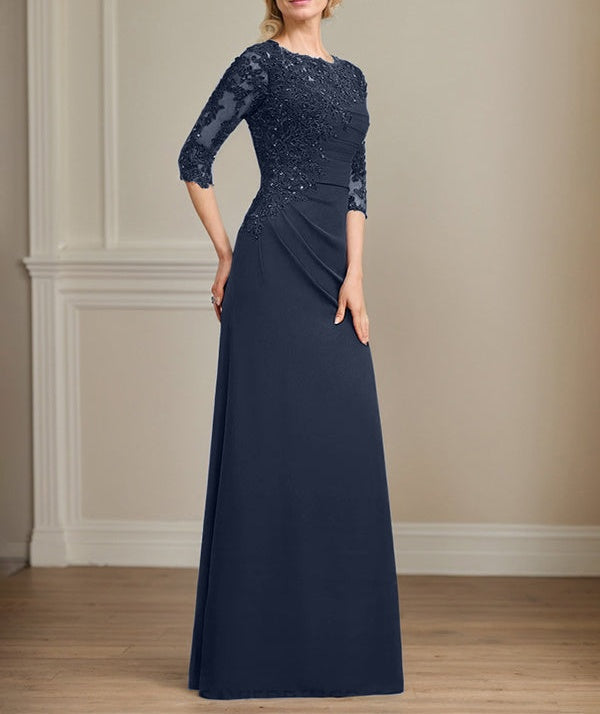 A-line Scoop Floor-Length Chiffon Lace Mother of the Bride Dress With Beading Pleated Sequins