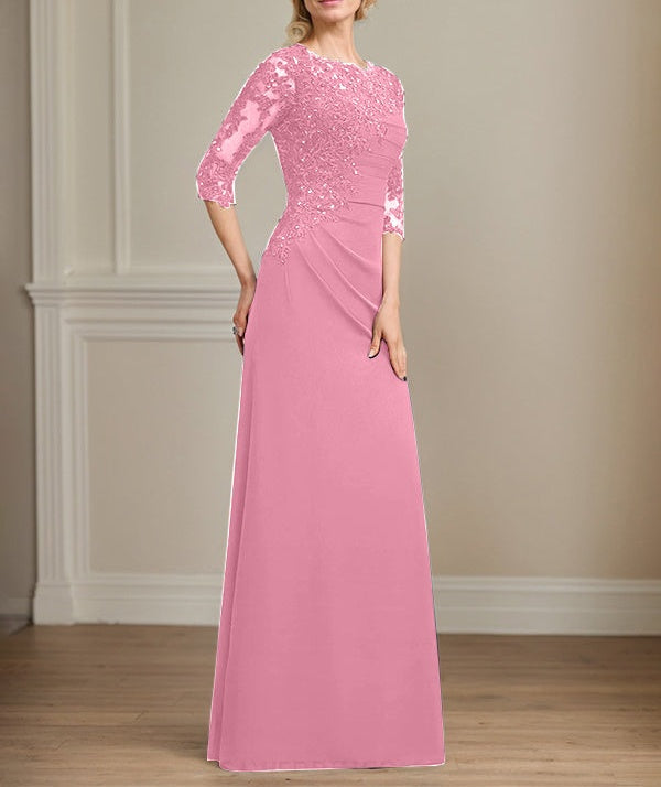 A-line Scoop Floor-Length Chiffon Lace Mother of the Bride Dress With Beading Pleated Sequins