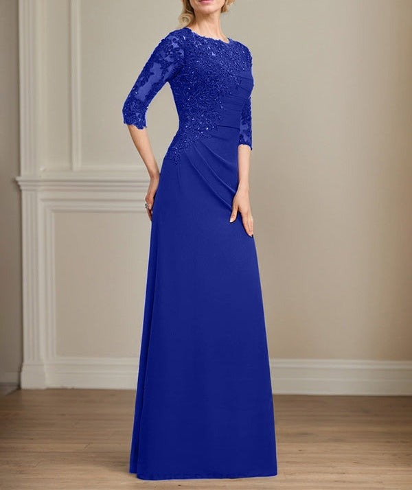 A-line Scoop Floor-Length Chiffon Lace Mother of the Bride Dress With Beading Pleated Sequins