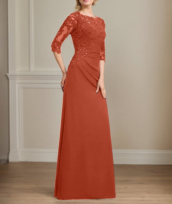 A-line Scoop Floor-Length Chiffon Lace Mother of the Bride Dress With Beading Pleated Sequins