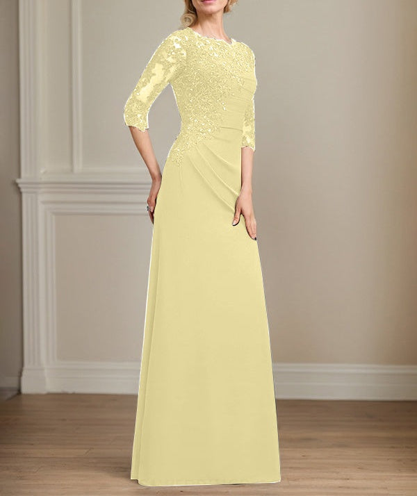 A-line Scoop Floor-Length Chiffon Lace Mother of the Bride Dress With Beading Pleated Sequins