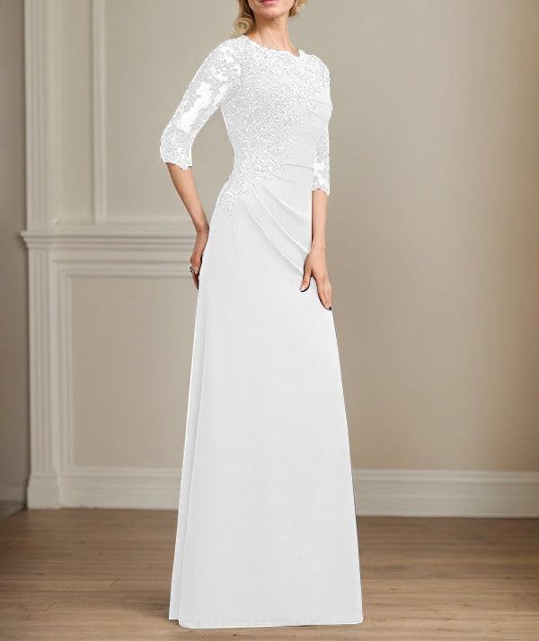A-line Scoop Floor-Length Chiffon Lace Mother of the Bride Dress With Beading Pleated Sequins