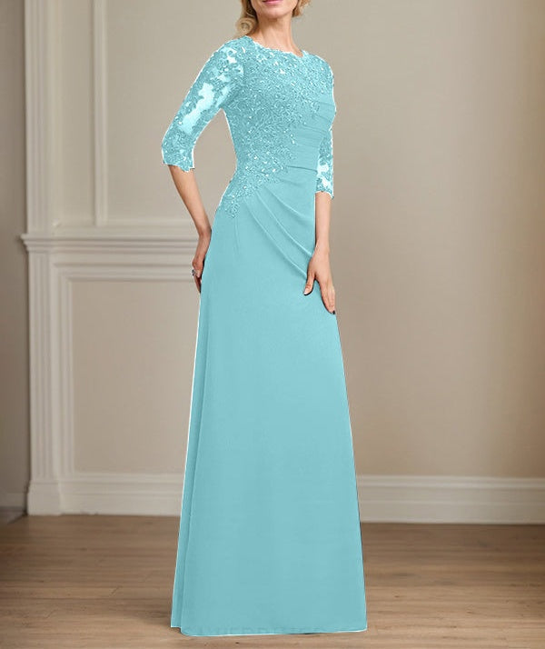A-line Scoop Floor-Length Chiffon Lace Mother of the Bride Dress With Beading Pleated Sequins