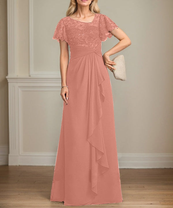 A-line Asymmetrical Illusion Floor-Length Lace Chiffon Mother of the Bride Dress With Cascading Ruffles Sequins