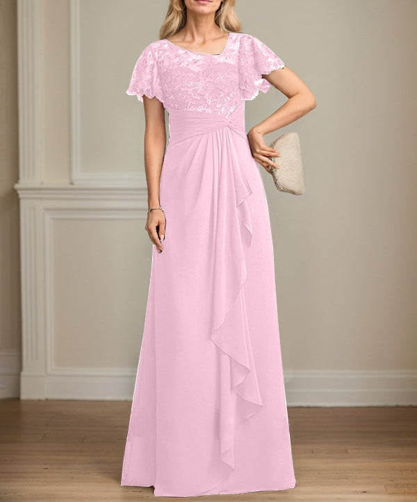 A-line Asymmetrical Illusion Floor-Length Lace Chiffon Mother of the Bride Dress With Cascading Ruffles Sequins