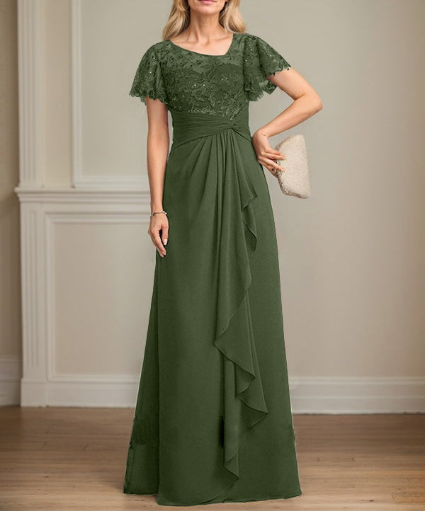 A-line Asymmetrical Illusion Floor-Length Lace Chiffon Mother of the Bride Dress With Cascading Ruffles Sequins