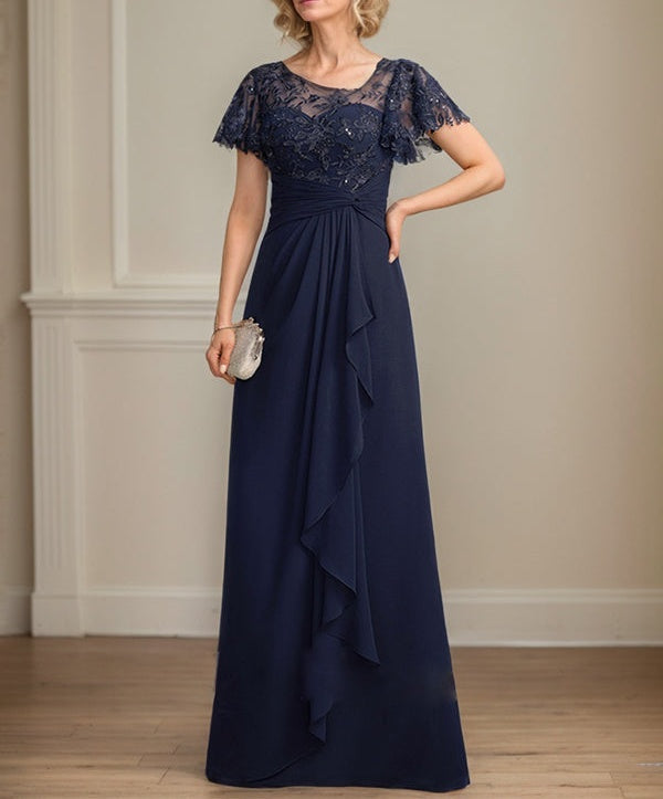 A-line Asymmetrical Illusion Floor-Length Lace Chiffon Mother of the Bride Dress With Cascading Ruffles Sequins