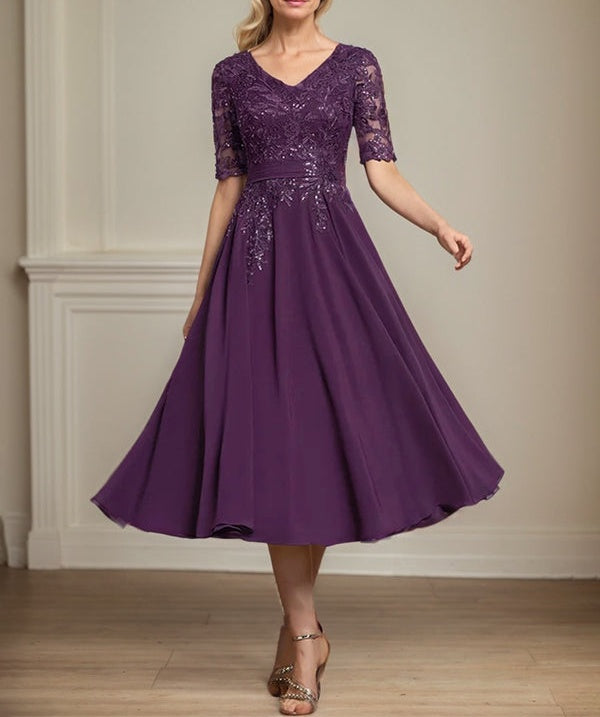 A-line V-Neck Tea-Length Lace Chiffon Mother of the Bride Dress With S