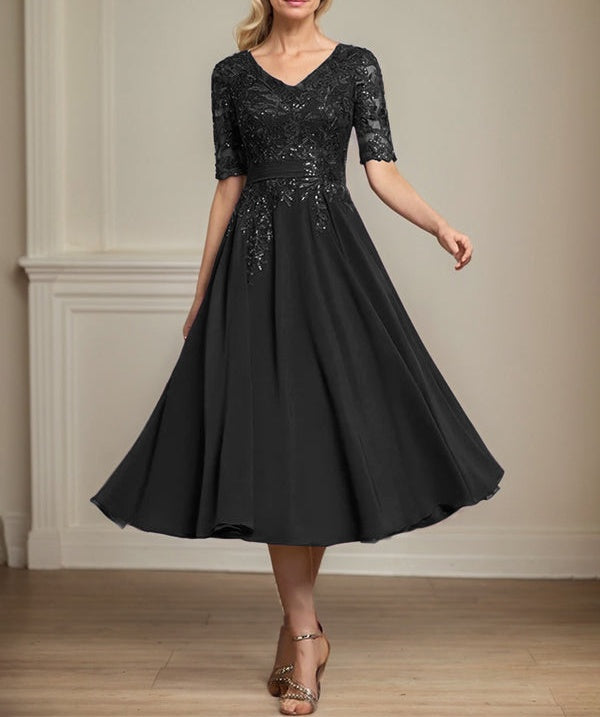 A-line V-Neck Tea-Length Lace Chiffon Mother of the Bride Dress With Sequins