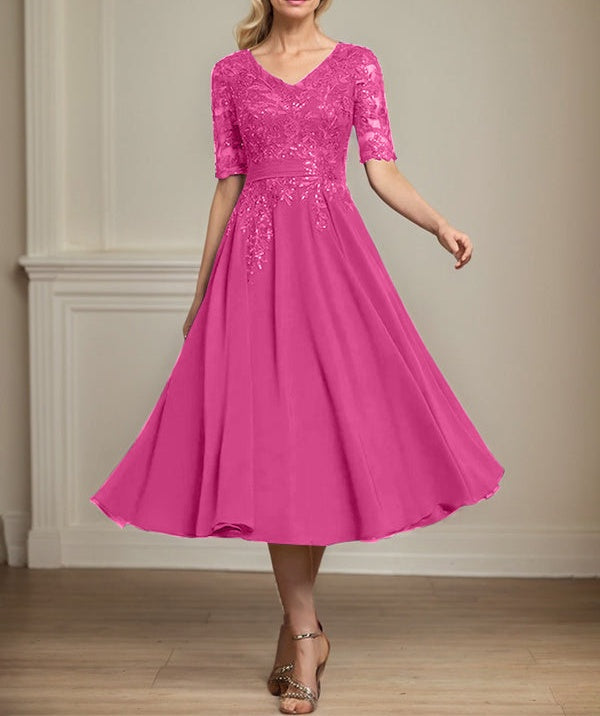 A-line V-Neck Tea-Length Lace Chiffon Mother of the Bride Dress With Sequins