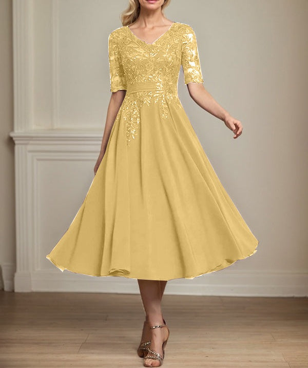 A-line V-Neck Tea-Length Lace Chiffon Mother of the Bride Dress With Sequins