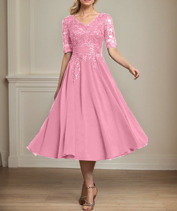 A-line V-Neck Tea-Length Lace Chiffon Mother of the Bride Dress With Sequins