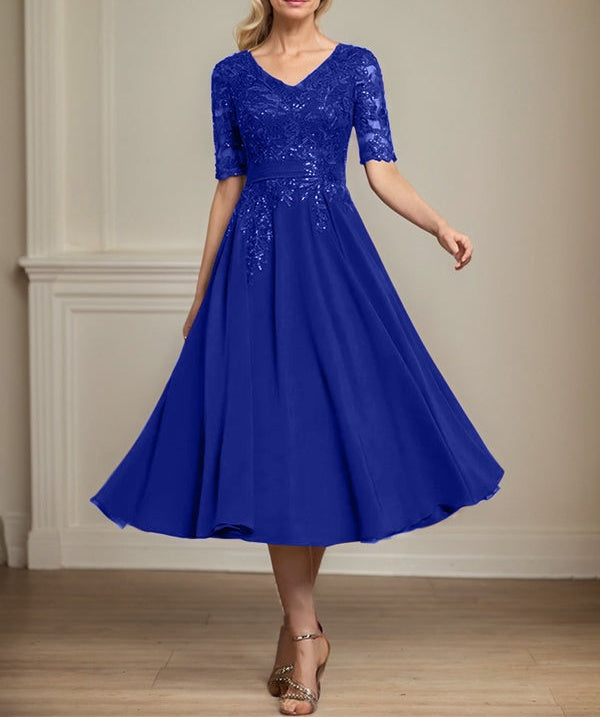 A-line V-Neck Tea-Length Lace Chiffon Mother of the Bride Dress With Sequins