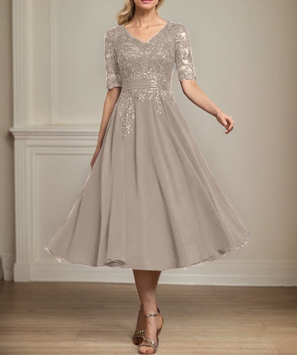 A-line V-Neck Tea-Length Lace Chiffon Mother of the Bride Dress With Sequins