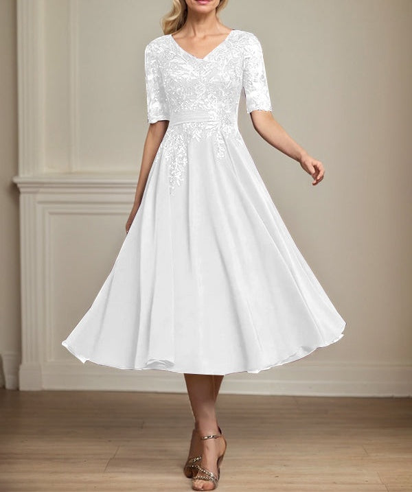 A-line V-Neck Tea-Length Lace Chiffon Mother of the Bride Dress With Sequins