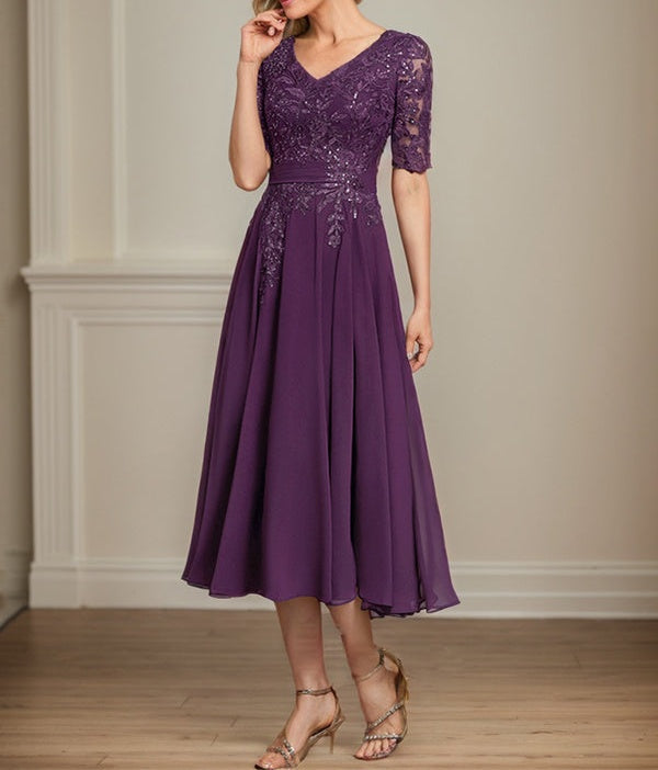 A-line V-Neck Tea-Length Lace Chiffon Mother of the Bride Dress With Sequins