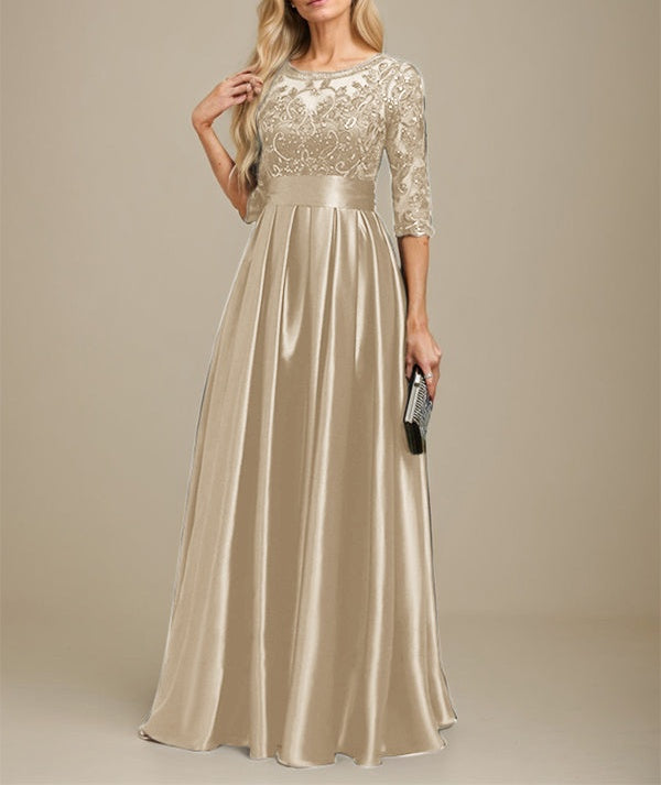 A-line Scoop Illusion Floor-Length Stretch Satin Lace Mother of the Bride Dress With Bow Sequins