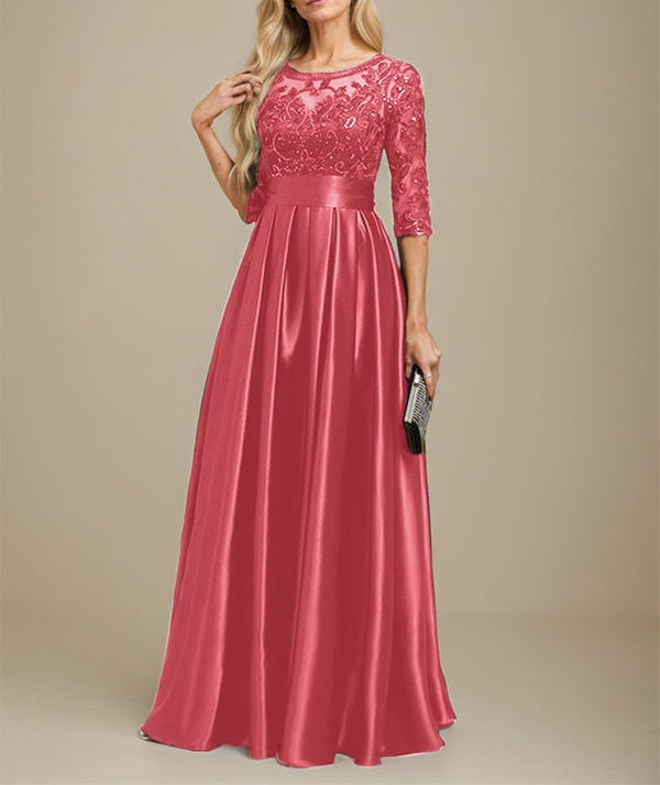 A-line Scoop Illusion Floor-Length Stretch Satin Lace Mother of the Bride Dress With Bow Sequins