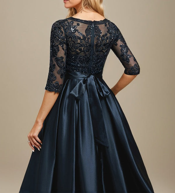 A-line Scoop Illusion Floor-Length Stretch Satin Lace Mother of the Bride Dress With Bow Sequins