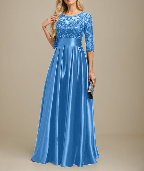 A-line Scoop Illusion Floor-Length Stretch Satin Lace Mother of the Bride Dress With Bow Sequins