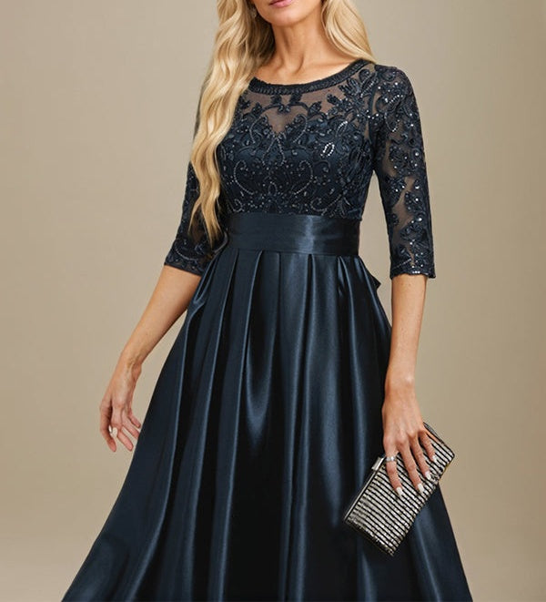 A-line Scoop Illusion Floor-Length Stretch Satin Lace Mother of the Bride Dress With Bow Sequins