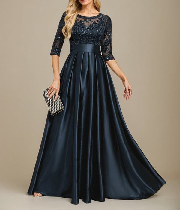A-line Scoop Illusion Floor-Length Stretch Satin Lace Mother of the Bride Dress With Bow Sequins