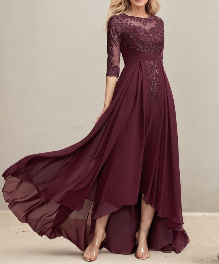 A-line Scoop Illusion Asymmetrical Lace Chiffon Mother of the Bride Dress With Pleated Sequins