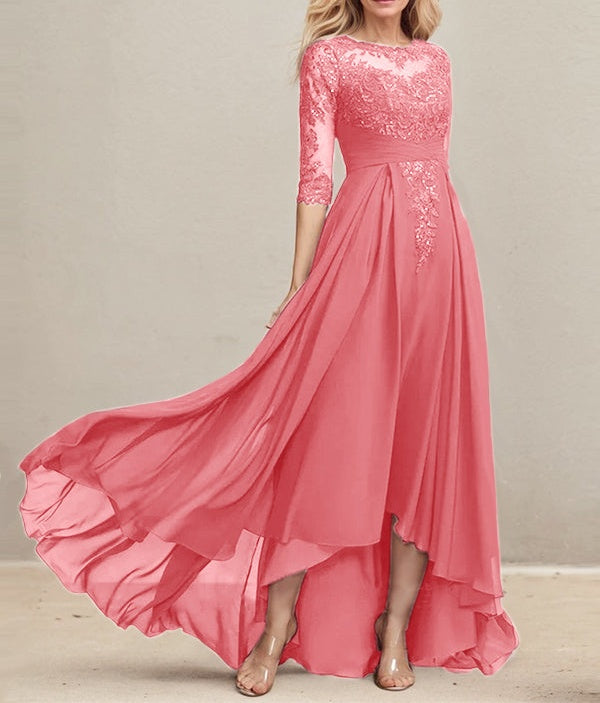 A-line Scoop Illusion Asymmetrical Lace Chiffon Mother of the Bride Dress With Pleated Sequins