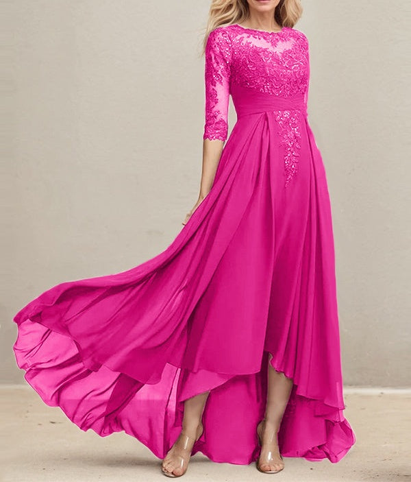 A-line Scoop Illusion Asymmetrical Lace Chiffon Mother of the Bride Dress With Pleated Sequins