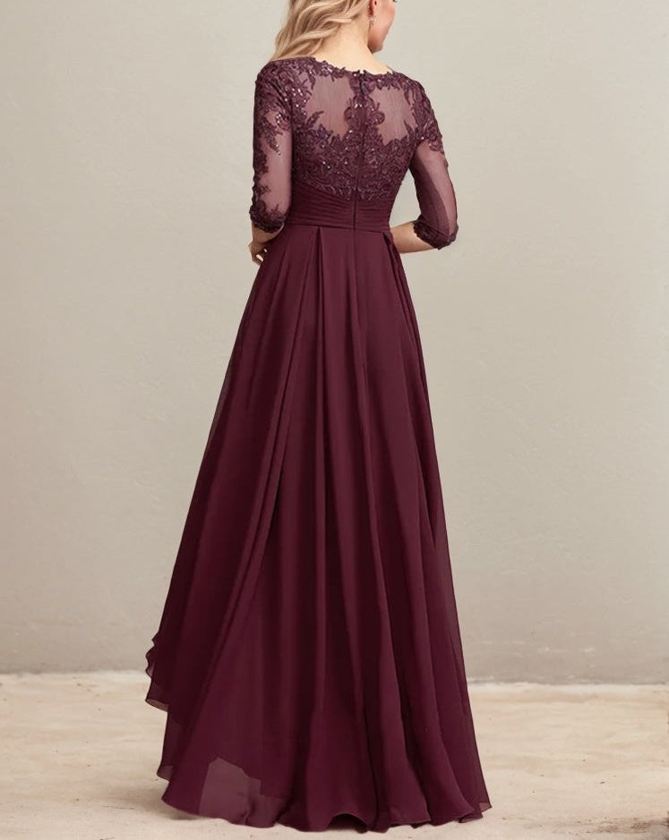 A-line Scoop Illusion Asymmetrical Lace Chiffon Mother of the Bride Dress With Pleated Sequins