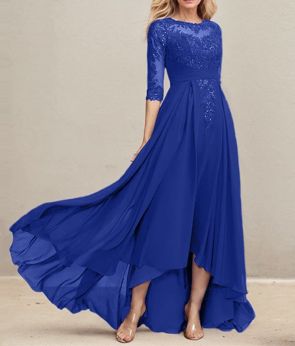 A-line Scoop Illusion Asymmetrical Lace Chiffon Mother of the Bride Dress With Pleated Sequins