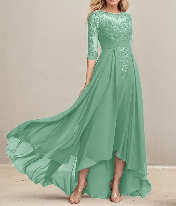 A-line Scoop Illusion Asymmetrical Lace Chiffon Mother of the Bride Dress With Pleated Sequins