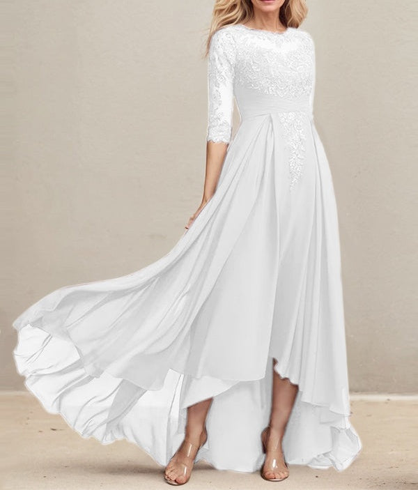 A-line Scoop Illusion Asymmetrical Lace Chiffon Mother of the Bride Dress With Pleated Sequins