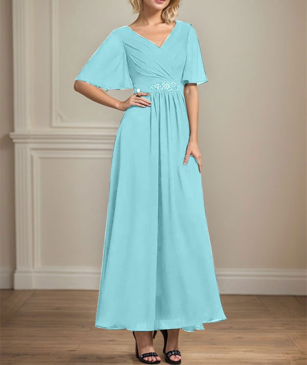 A-line V-Neck Ankle-Length Chiffon Mother of the Bride Dress With Pleated Beading Sequins