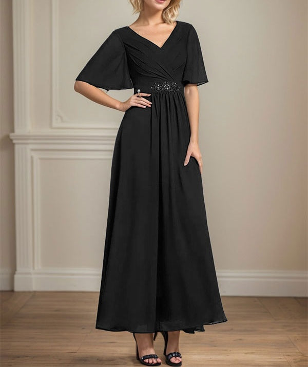 A-line V-Neck Ankle-Length Chiffon Mother of the Bride Dress With Pleated Beading Sequins
