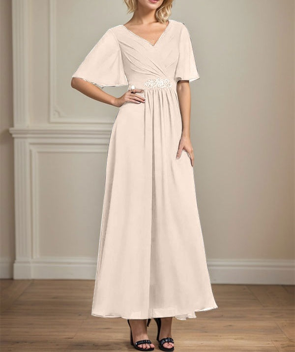 A-line V-Neck Ankle-Length Chiffon Mother of the Bride Dress With Pleated Beading Sequins