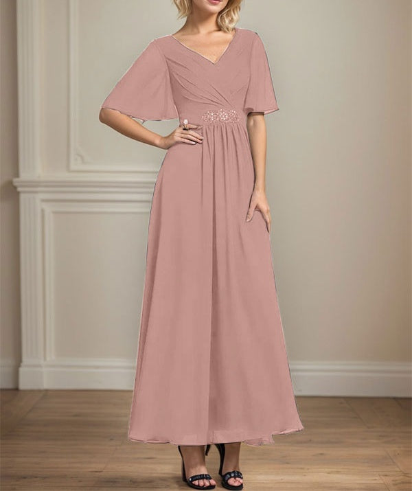A-line V-Neck Ankle-Length Chiffon Mother of the Bride Dress With Pleated Beading Sequins