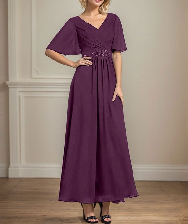 A-line V-Neck Ankle-Length Chiffon Mother of the Bride Dress With Pleated Beading Sequins