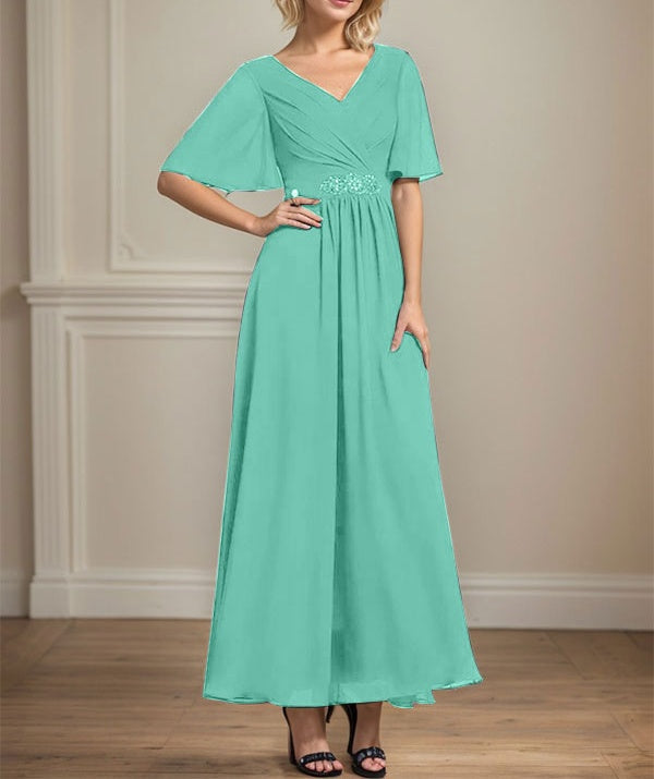 A-line V-Neck Ankle-Length Chiffon Mother of the Bride Dress With Pleated Beading Sequins