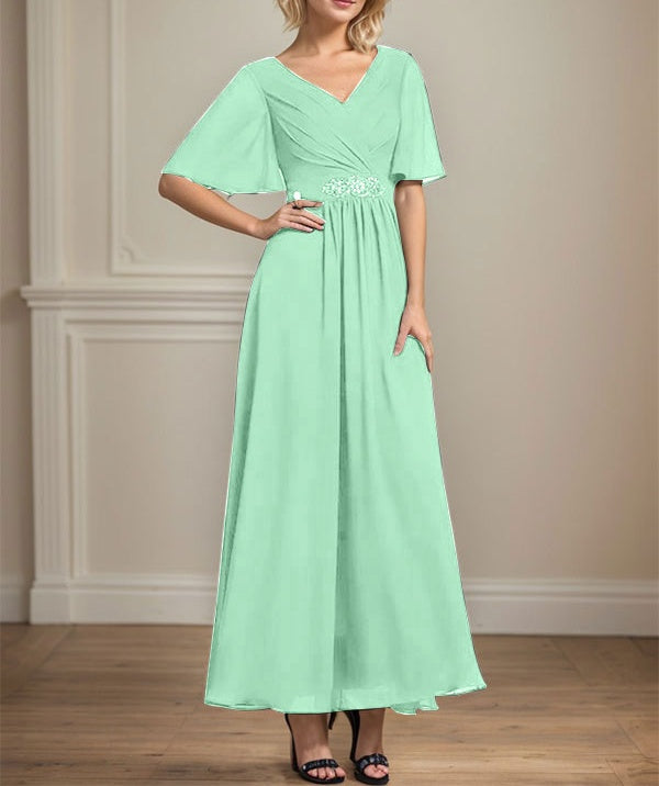 A-line V-Neck Ankle-Length Chiffon Mother of the Bride Dress With Pleated Beading Sequins