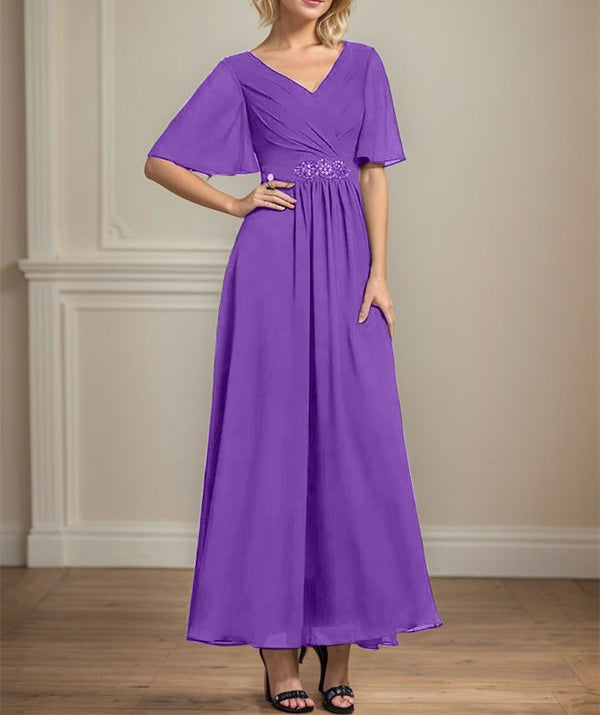 A-line V-Neck Ankle-Length Chiffon Mother of the Bride Dress With Pleated Beading Sequins