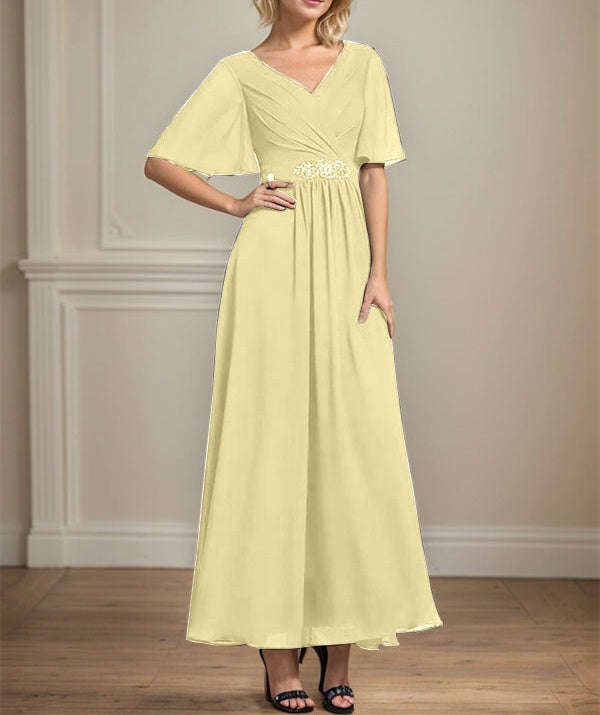 A-line V-Neck Ankle-Length Chiffon Mother of the Bride Dress With Pleated Beading Sequins